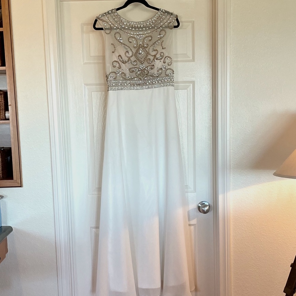 Stunning Beaded & Bejeweled Sheer Bodice Full Length Ivory Dress